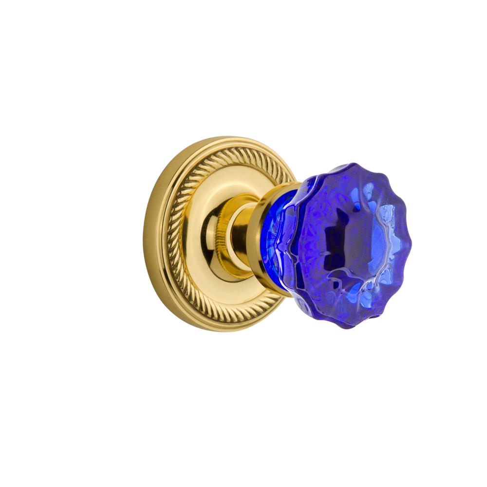 Nostalgic Warehouse ROPCRC Colored Crystal Rope Rosette Passage Crystal Cobalt Glass Door Knob in Polished Brass